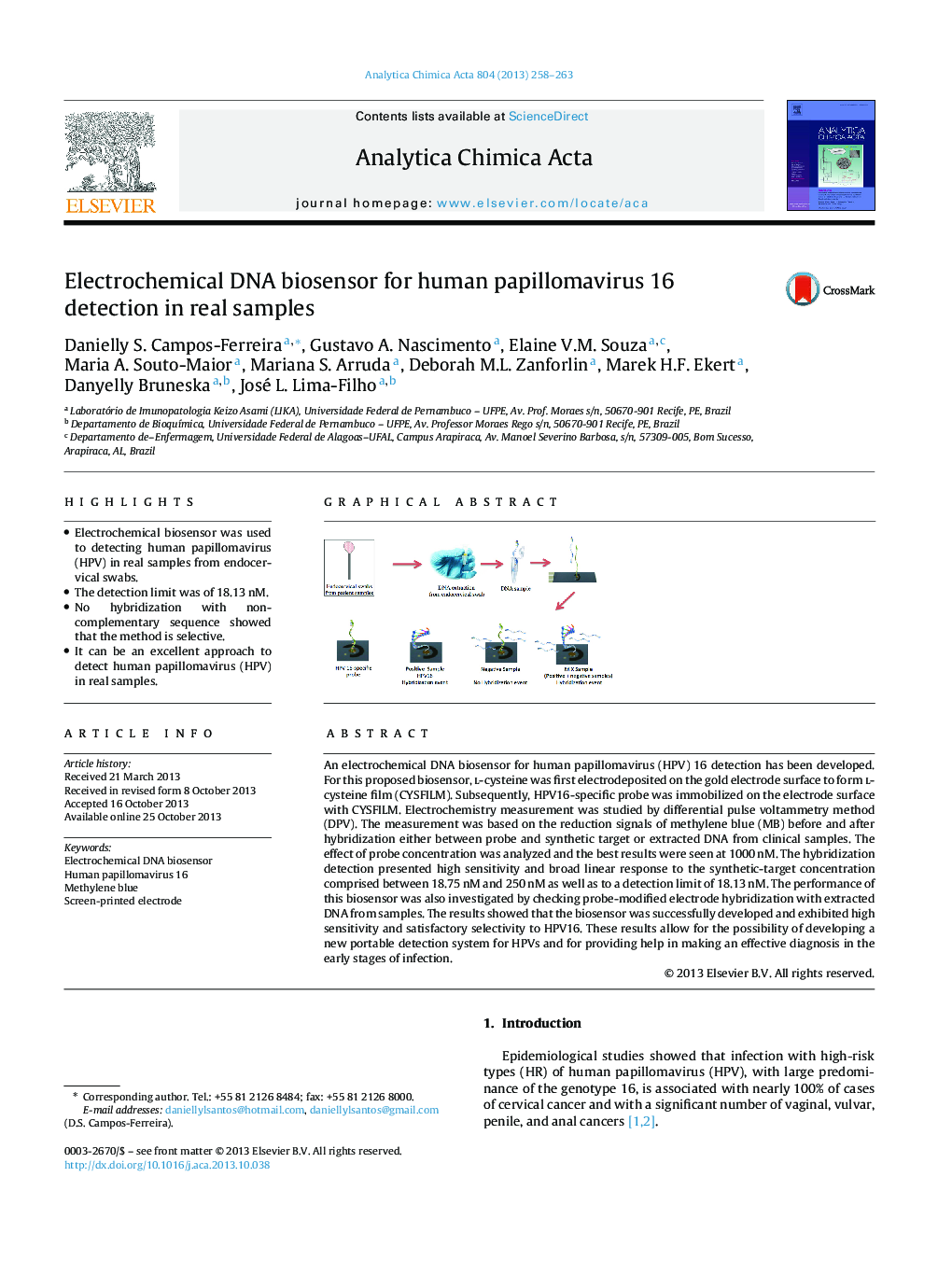 Electrochemical DNA biosensor for human papillomavirus 16 detection in real samples