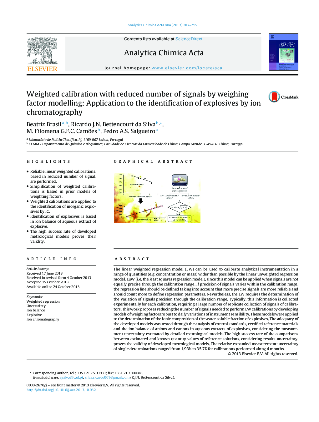 Weighted calibration with reduced number of signals by weighing factor modelling: Application to the identification of explosives by ion chromatography