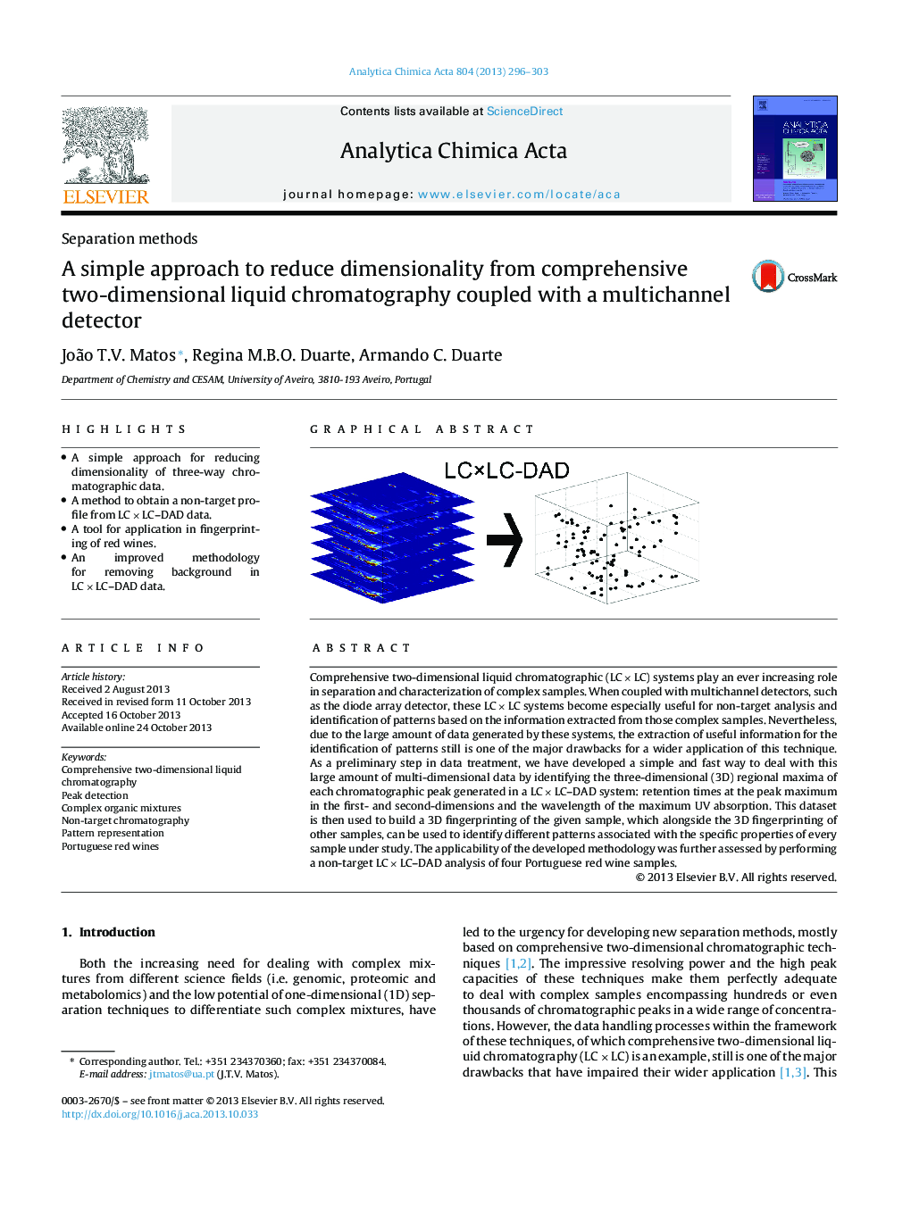 A simple approach to reduce dimensionality from comprehensive two-dimensional liquid chromatography coupled with a multichannel detector