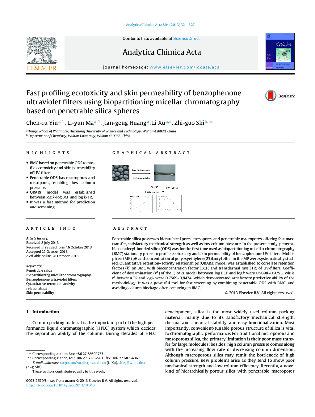 Fast profiling ecotoxicity and skin permeability of benzophenone ultraviolet filters using biopartitioning micellar chromatography based on penetrable silica spheres