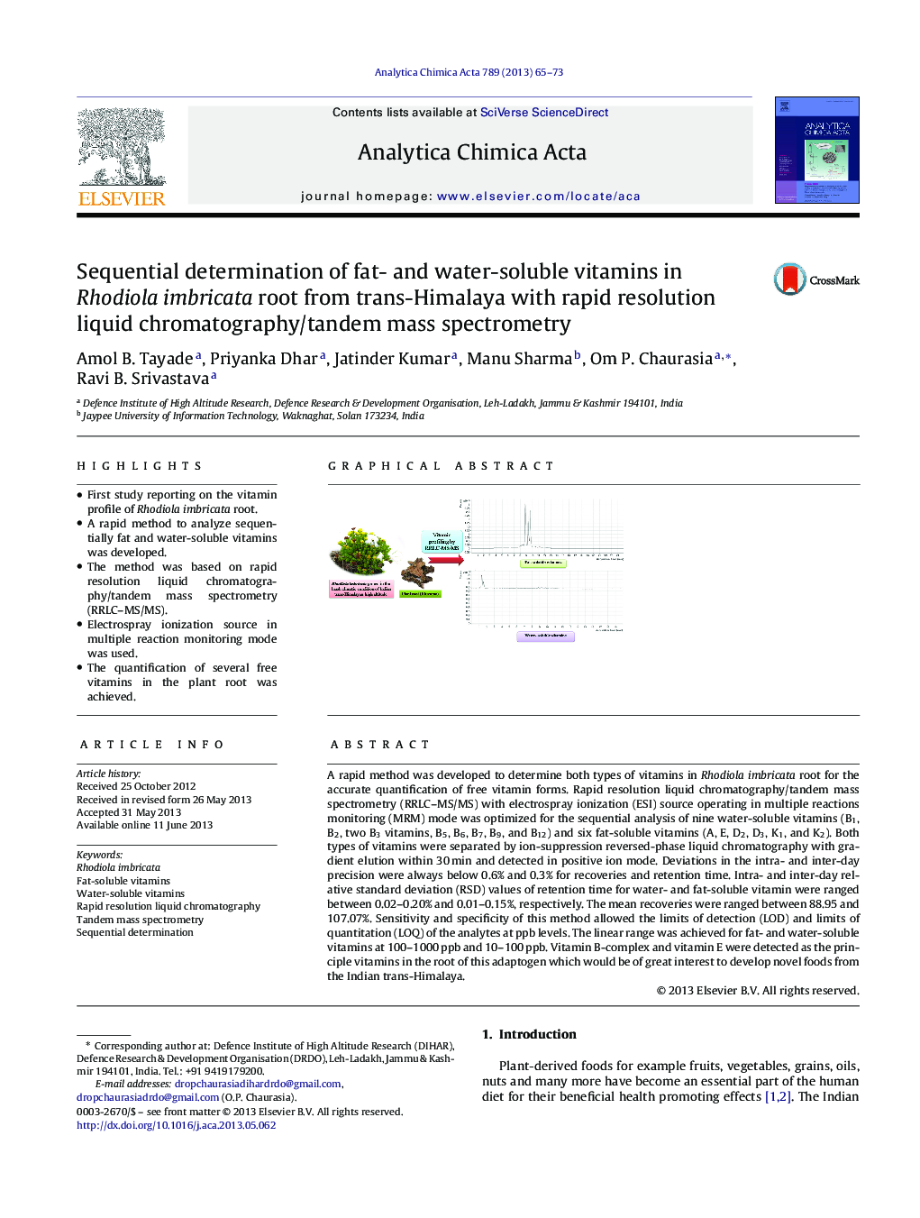 Sequential determination of fat- and water-soluble vitamins in Rhodiola imbricata root from trans-Himalaya with rapid resolution liquid chromatography/tandem mass spectrometry