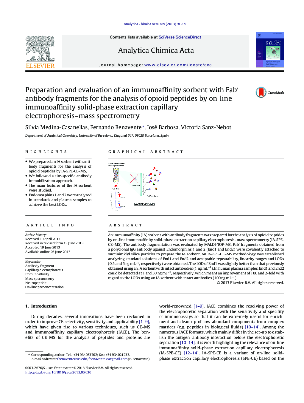 Preparation and evaluation of an immunoaffinity sorbent with Fab′ antibody fragments for the analysis of opioid peptides by on-line immunoaffinity solid-phase extraction capillary electrophoresis–mass spectrometry