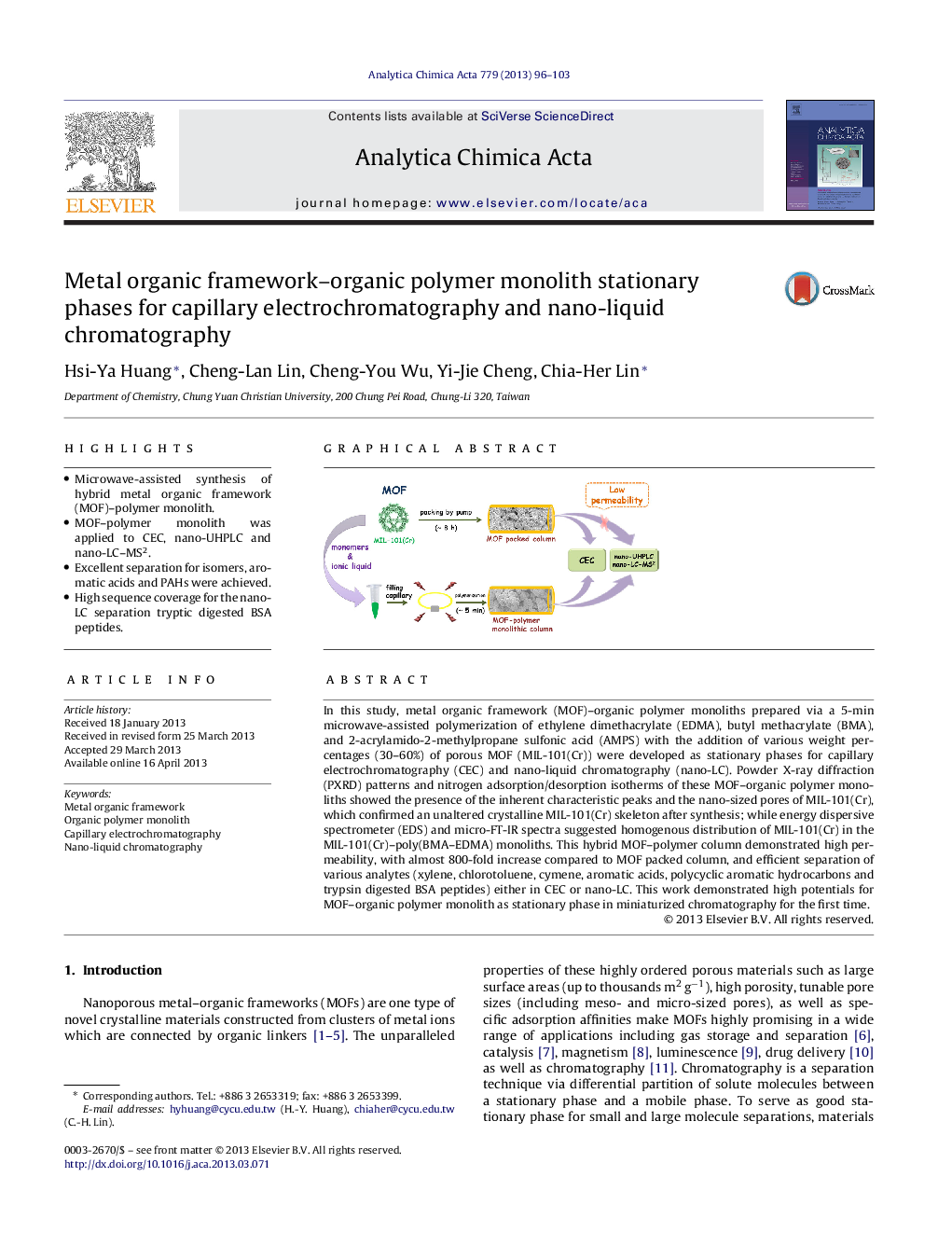 Metal organic framework–organic polymer monolith stationary phases for capillary electrochromatography and nano-liquid chromatography