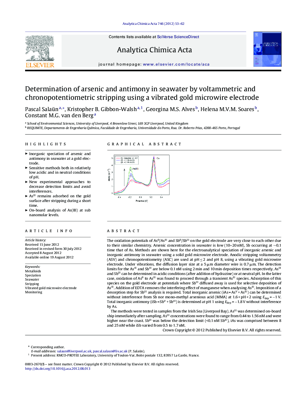 Determination of arsenic and antimony in seawater by voltammetric and chronopotentiometric stripping using a vibrated gold microwire electrode