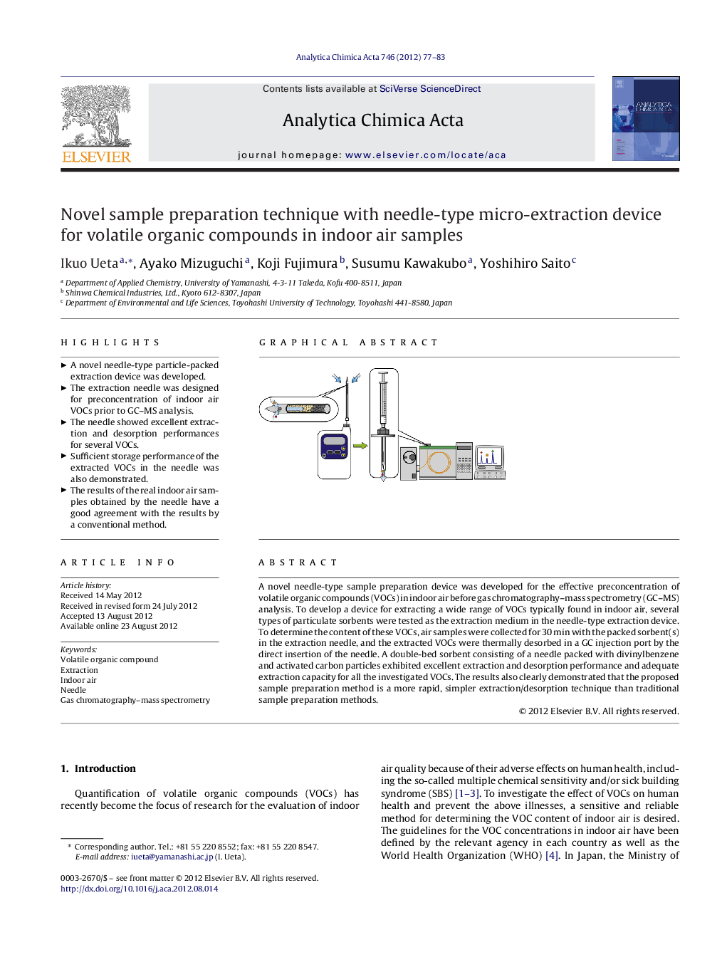 Novel sample preparation technique with needle-type micro-extraction device for volatile organic compounds in indoor air samples