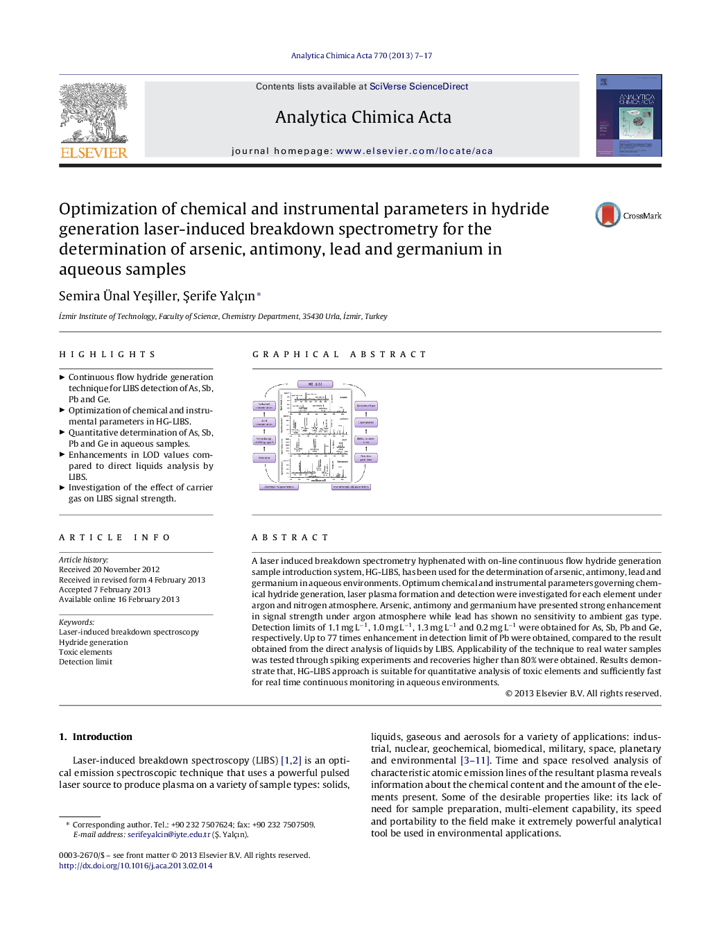 Optimization of chemical and instrumental parameters in hydride generation laser-induced breakdown spectrometry for the determination of arsenic, antimony, lead and germanium in aqueous samples