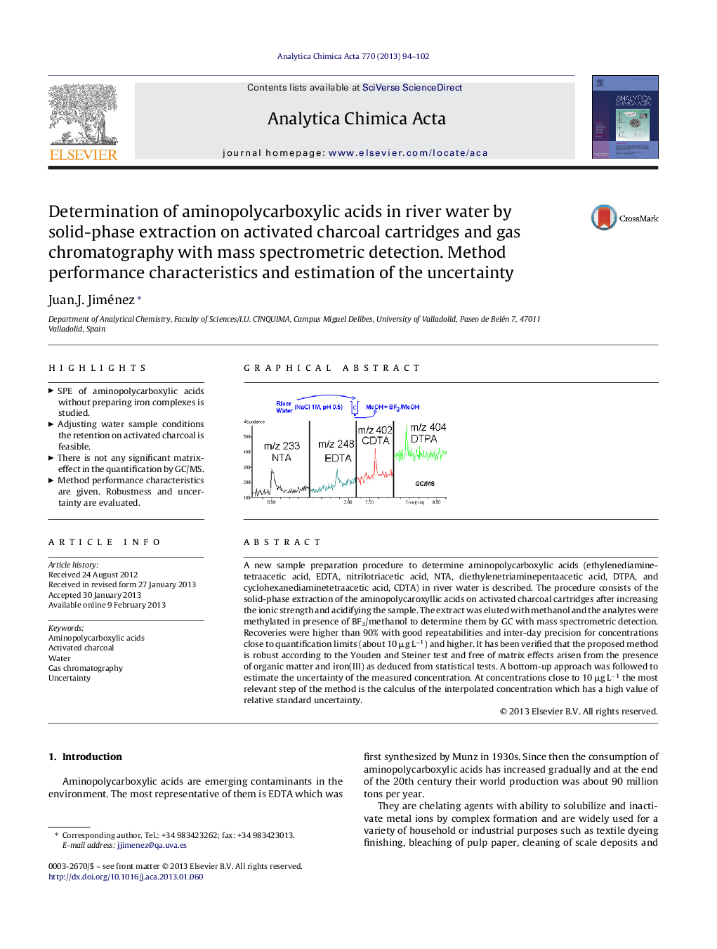 Determination of aminopolycarboxylic acids in river water by solid-phase extraction on activated charcoal cartridges and gas chromatography with mass spectrometric detection. Method performance characteristics and estimation of the uncertainty