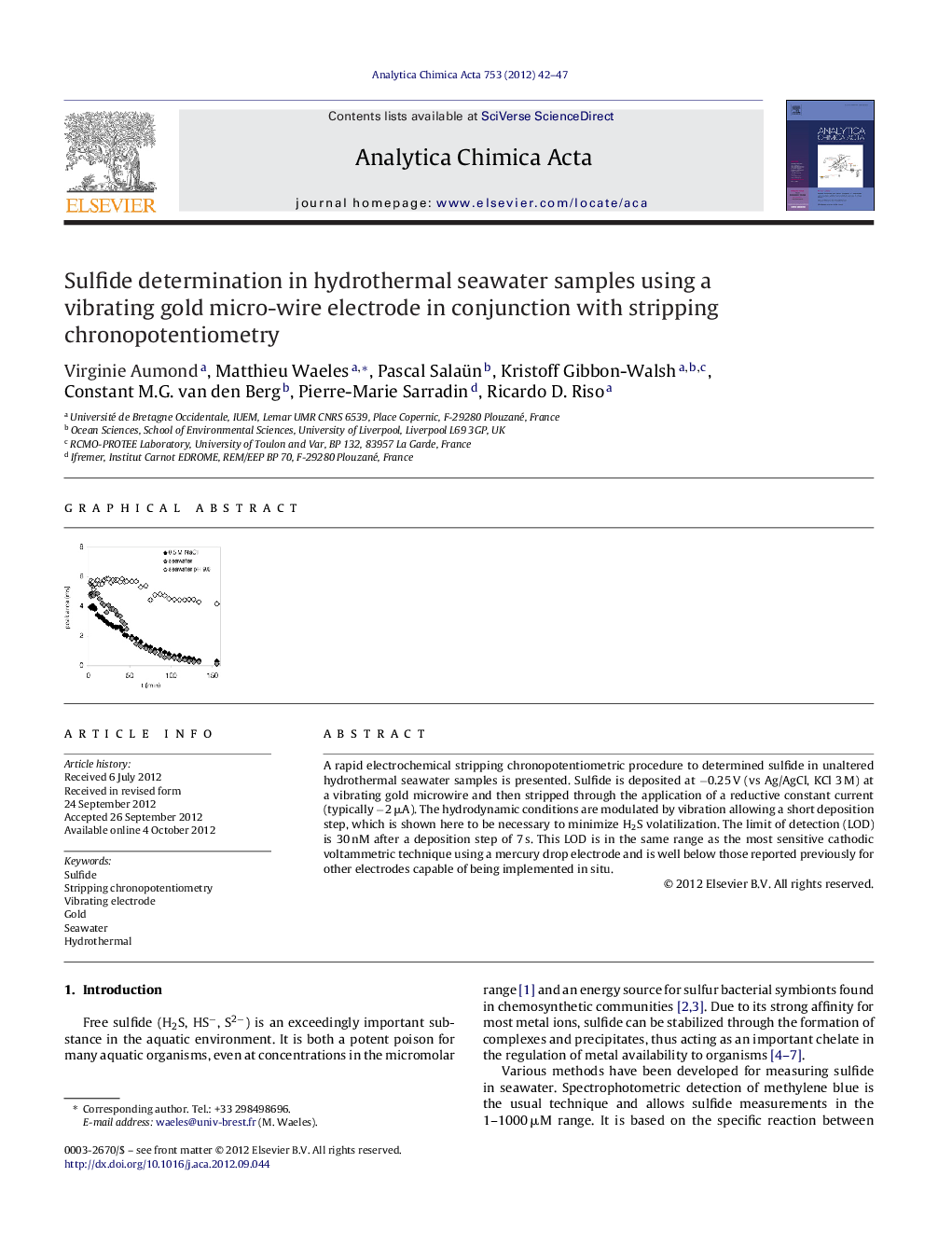 Sulfide determination in hydrothermal seawater samples using a vibrating gold micro-wire electrode in conjunction with stripping chronopotentiometry