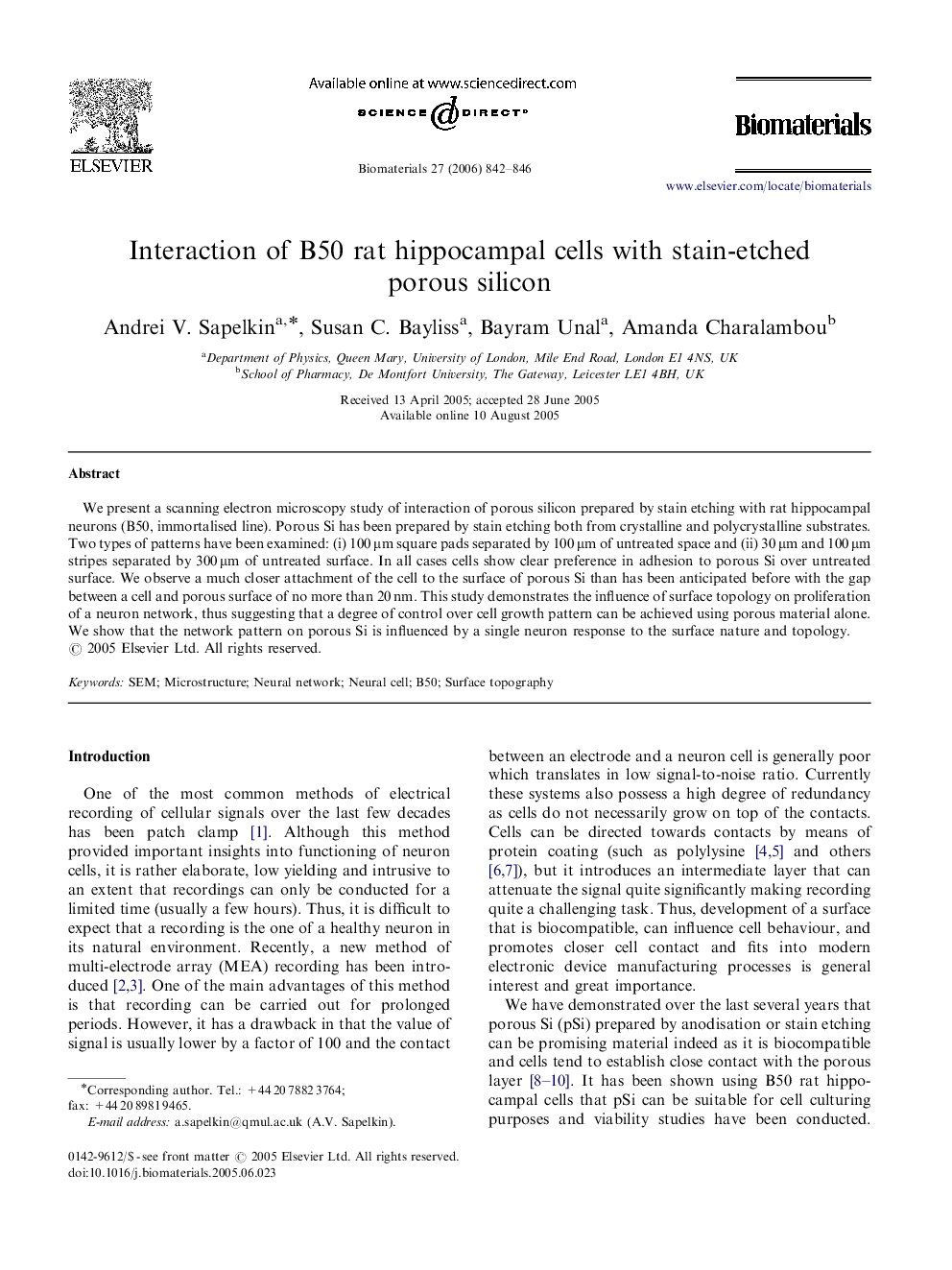 Interaction of B50 rat hippocampal cells with stain-etched porous silicon