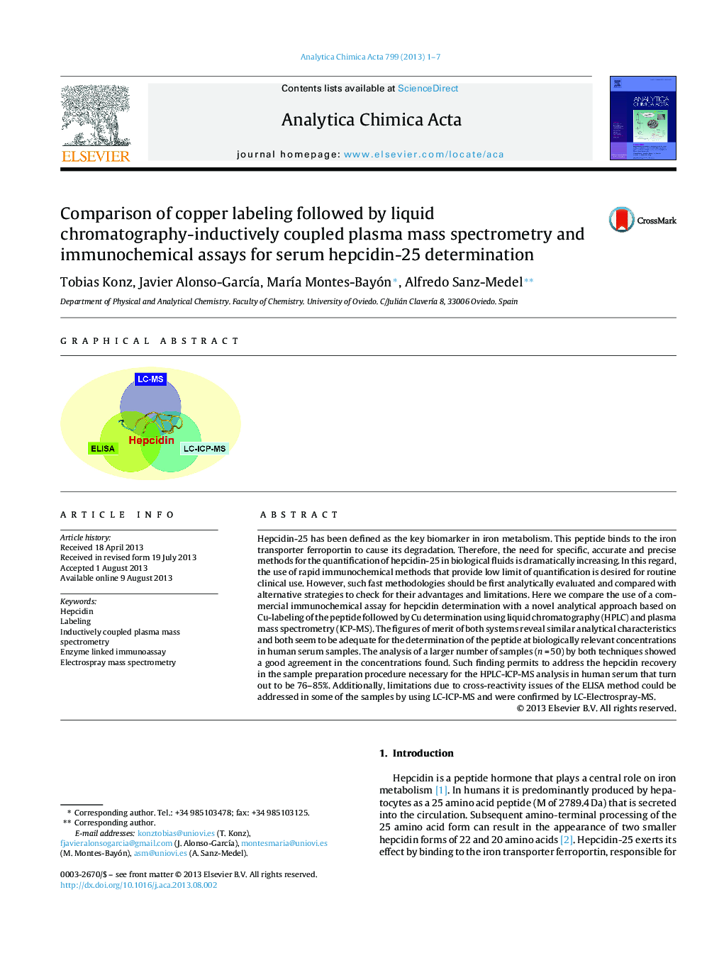 Comparison of copper labeling followed by liquid chromatography-inductively coupled plasma mass spectrometry and immunochemical assays for serum hepcidin-25 determination