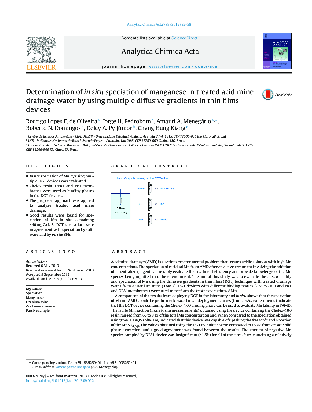 Determination of in situ speciation of manganese in treated acid mine drainage water by using multiple diffusive gradients in thin films devices