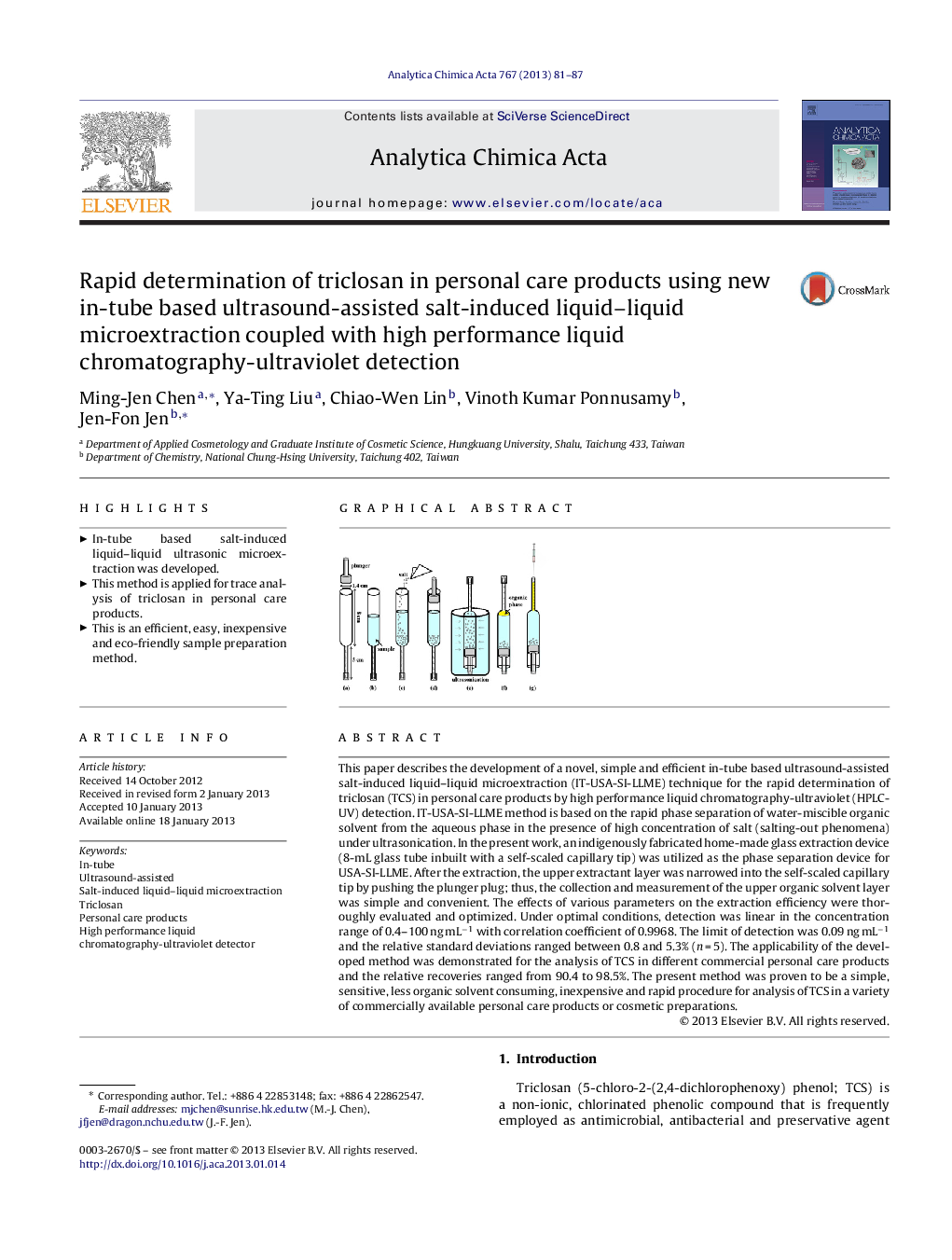 Rapid determination of triclosan in personal care products using new in-tube based ultrasound-assisted salt-induced liquid–liquid microextraction coupled with high performance liquid chromatography-ultraviolet detection