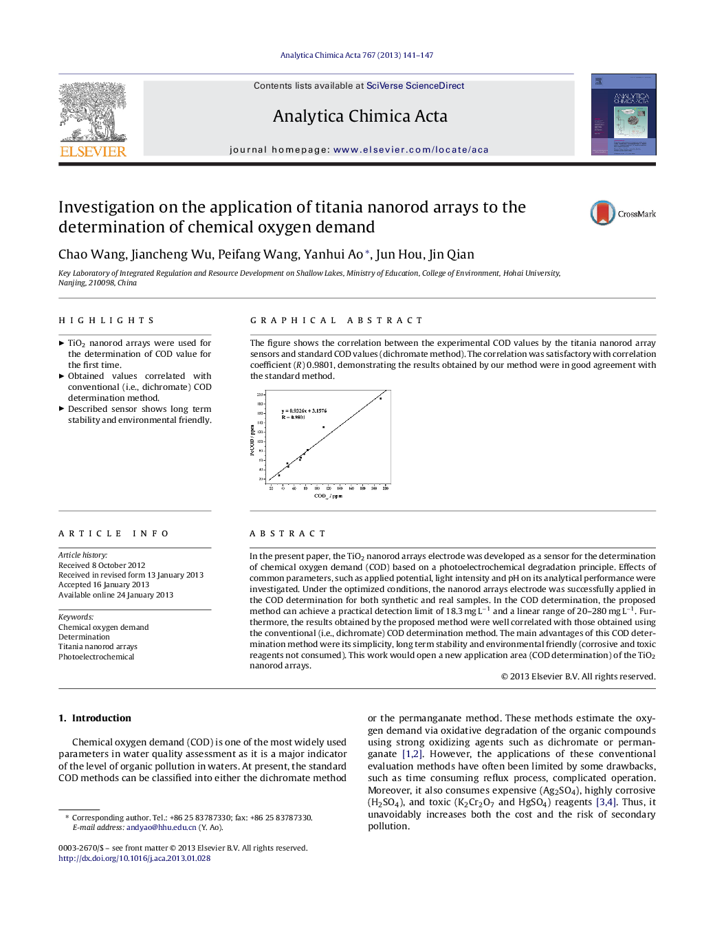 Investigation on the application of titania nanorod arrays to the determination of chemical oxygen demand