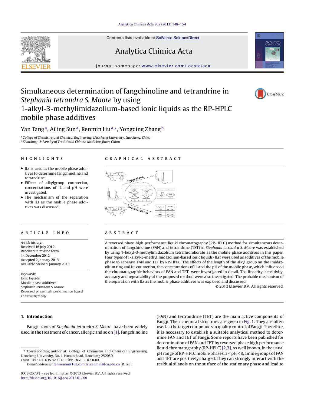 Simultaneous determination of fangchinoline and tetrandrine in Stephania tetrandra S. Moore by using 1-alkyl-3-methylimidazolium-based ionic liquids as the RP-HPLC mobile phase additives