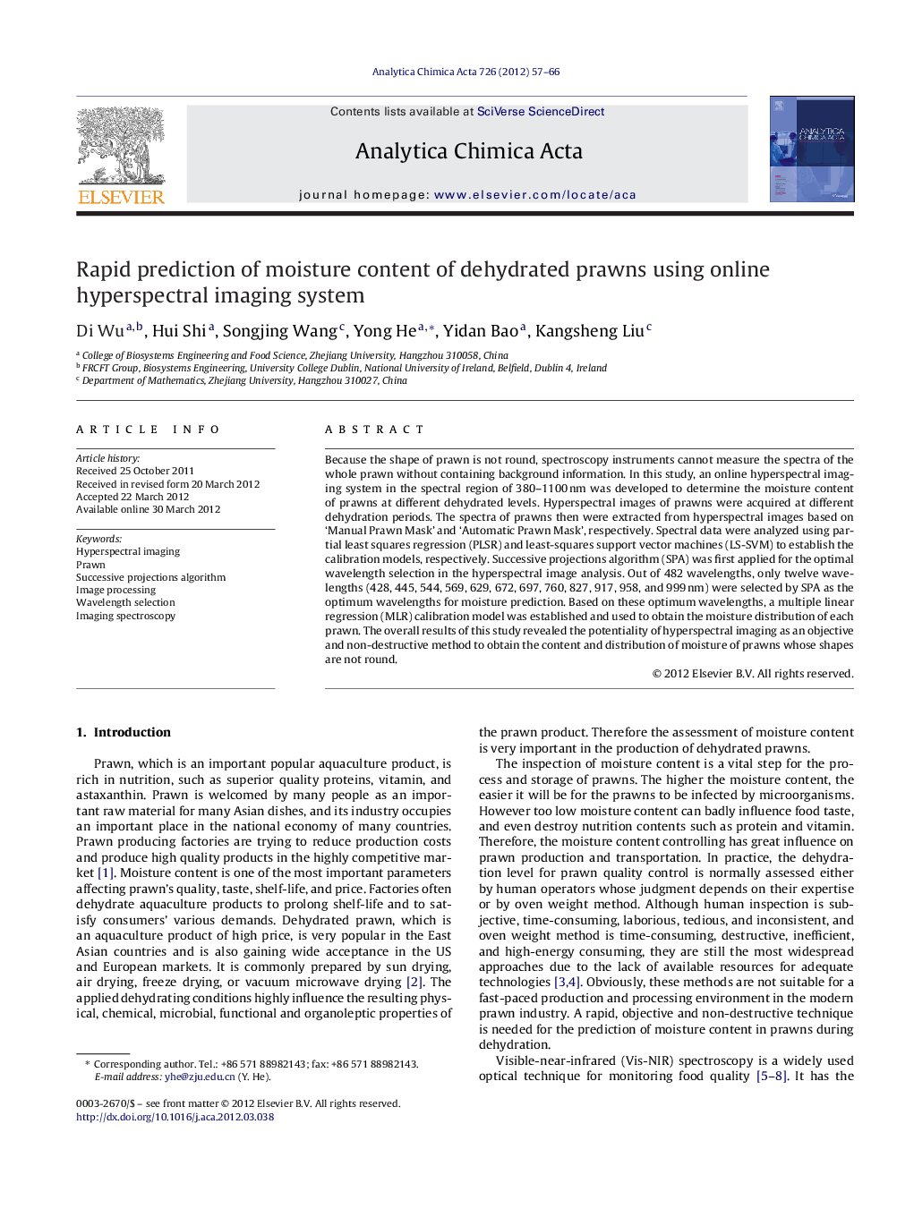 Rapid prediction of moisture content of dehydrated prawns using online hyperspectral imaging system