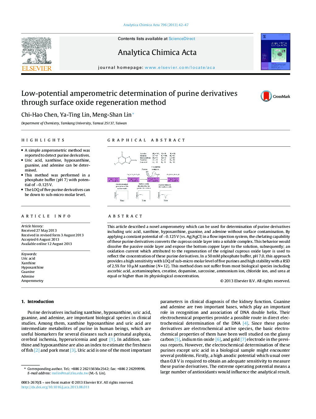 Low-potential amperometric determination of purine derivatives through surface oxide regeneration method