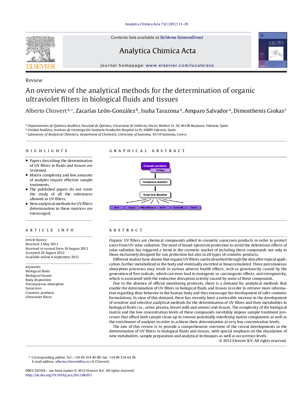 An overview of the analytical methods for the determination of organic ultraviolet filters in biological fluids and tissues