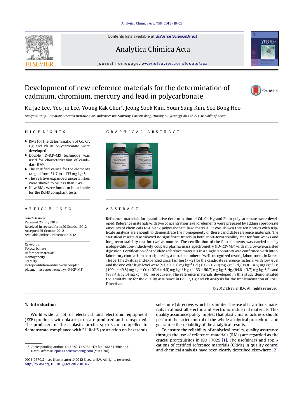 Development of new reference materials for the determination of cadmium, chromium, mercury and lead in polycarbonate