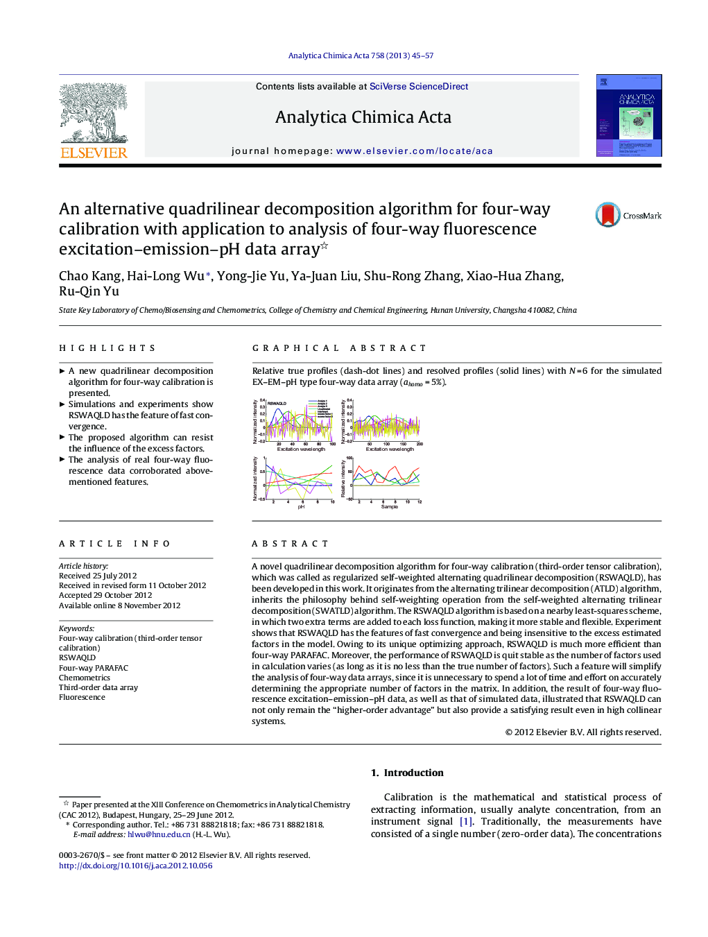 An alternative quadrilinear decomposition algorithm for four-way calibration with application to analysis of four-way fluorescence excitation-emission-pH data array