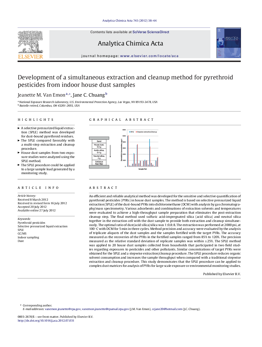 Development of a simultaneous extraction and cleanup method for pyrethroid pesticides from indoor house dust samples