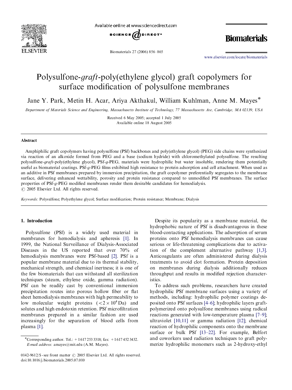 Polysulfone-graft-poly(ethylene glycol) graft copolymers for surface modification of polysulfone membranes