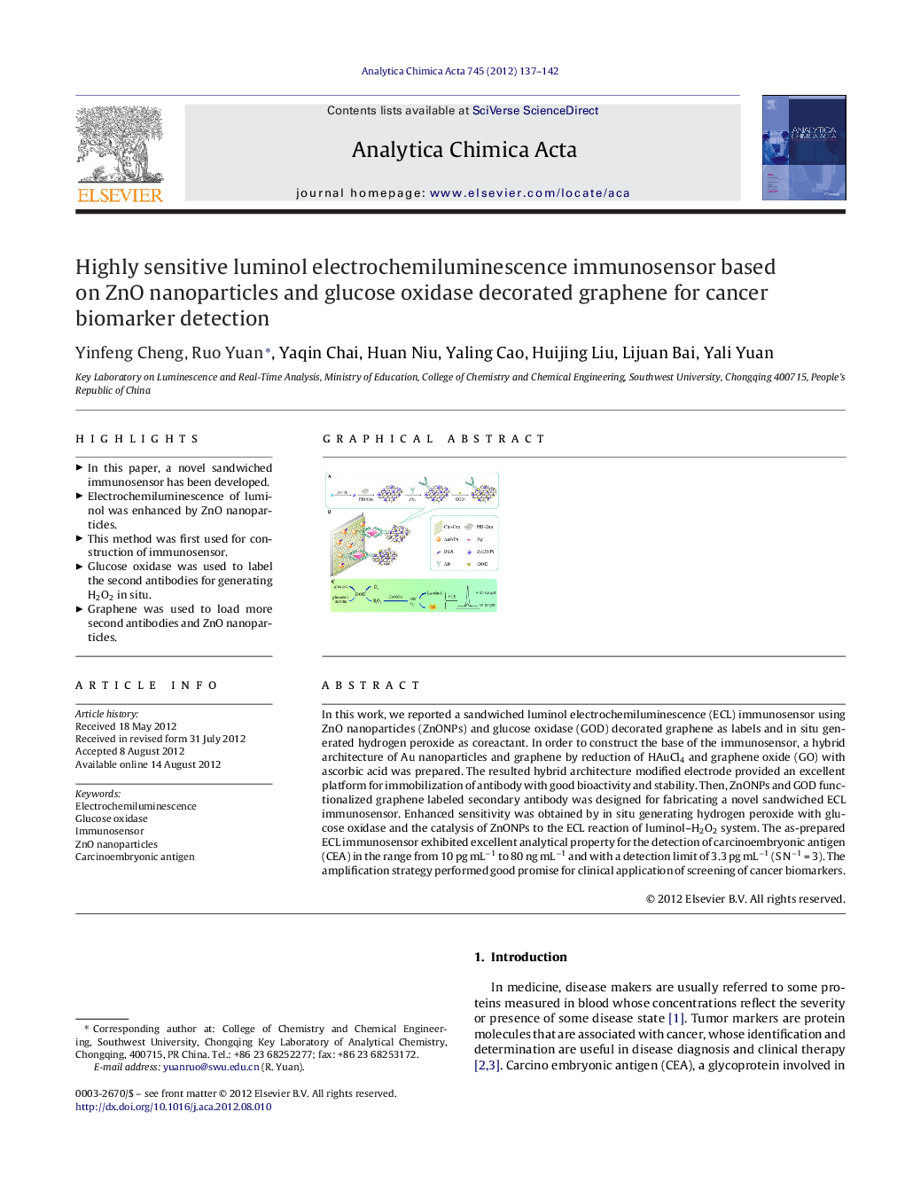 Highly sensitive luminol electrochemiluminescence immunosensor based on ZnO nanoparticles and glucose oxidase decorated graphene for cancer biomarker detection