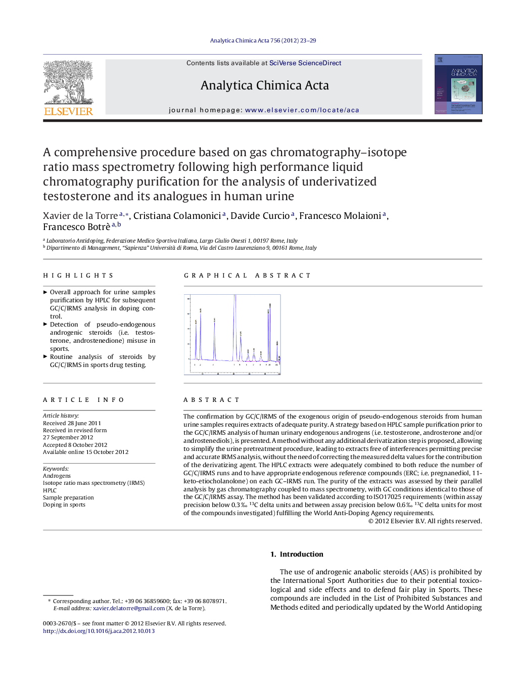 A comprehensive procedure based on gas chromatography–isotope ratio mass spectrometry following high performance liquid chromatography purification for the analysis of underivatized testosterone and its analogues in human urine