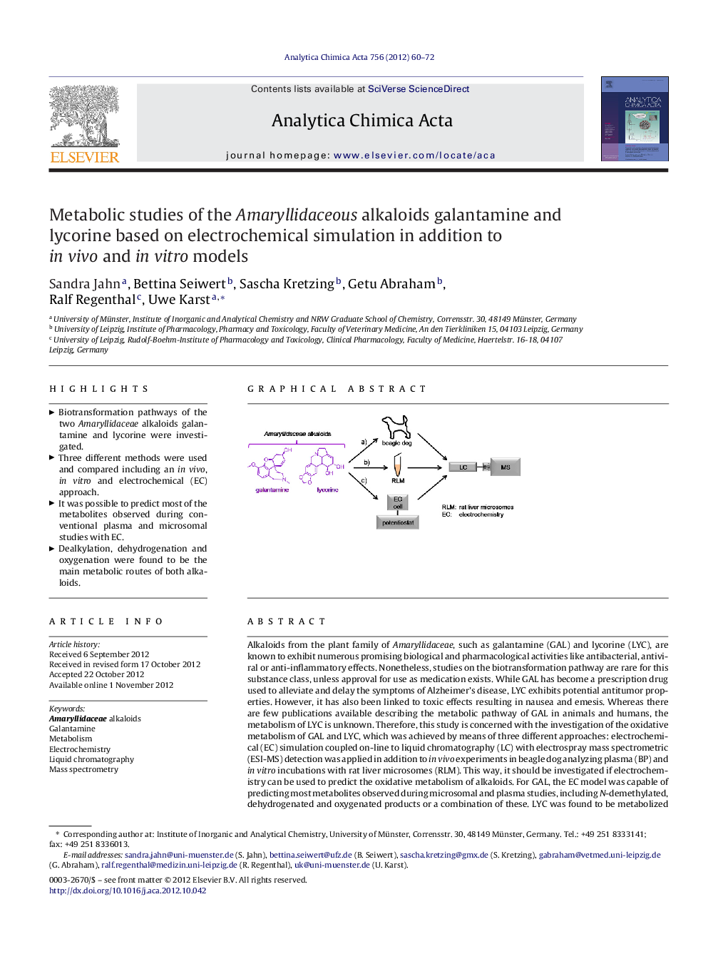 Metabolic studies of the Amaryllidaceous alkaloids galantamine and lycorine based on electrochemical simulation in addition to in vivo and in vitro models