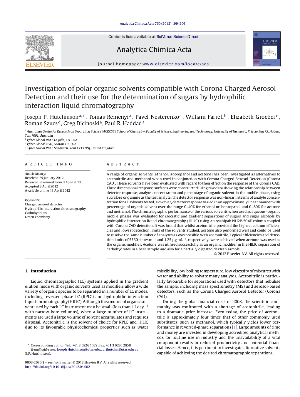 Investigation of polar organic solvents compatible with Corona Charged Aerosol Detection and their use for the determination of sugars by hydrophilic interaction liquid chromatography