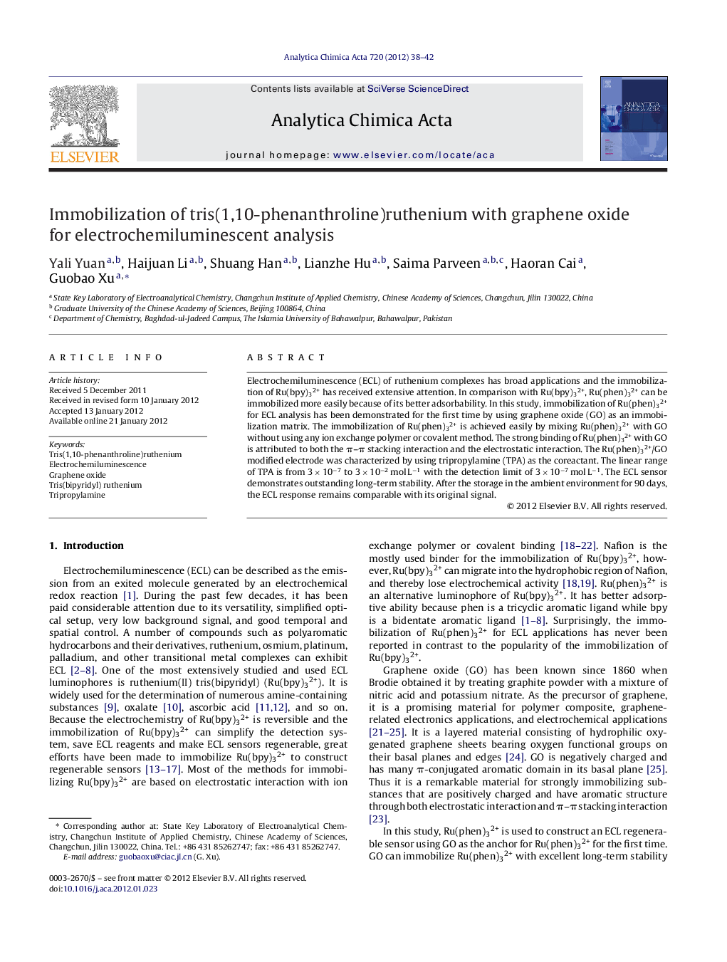 عکس صفحه اول مقاله: Immobilization of tris(1,10-phenanthroline)ruthenium with graphene oxide for electrochemiluminescent analysis Immobilization of tris(1,10-phenanthroline)ruthenium with graphene oxide for electrochemiluminescent analysis