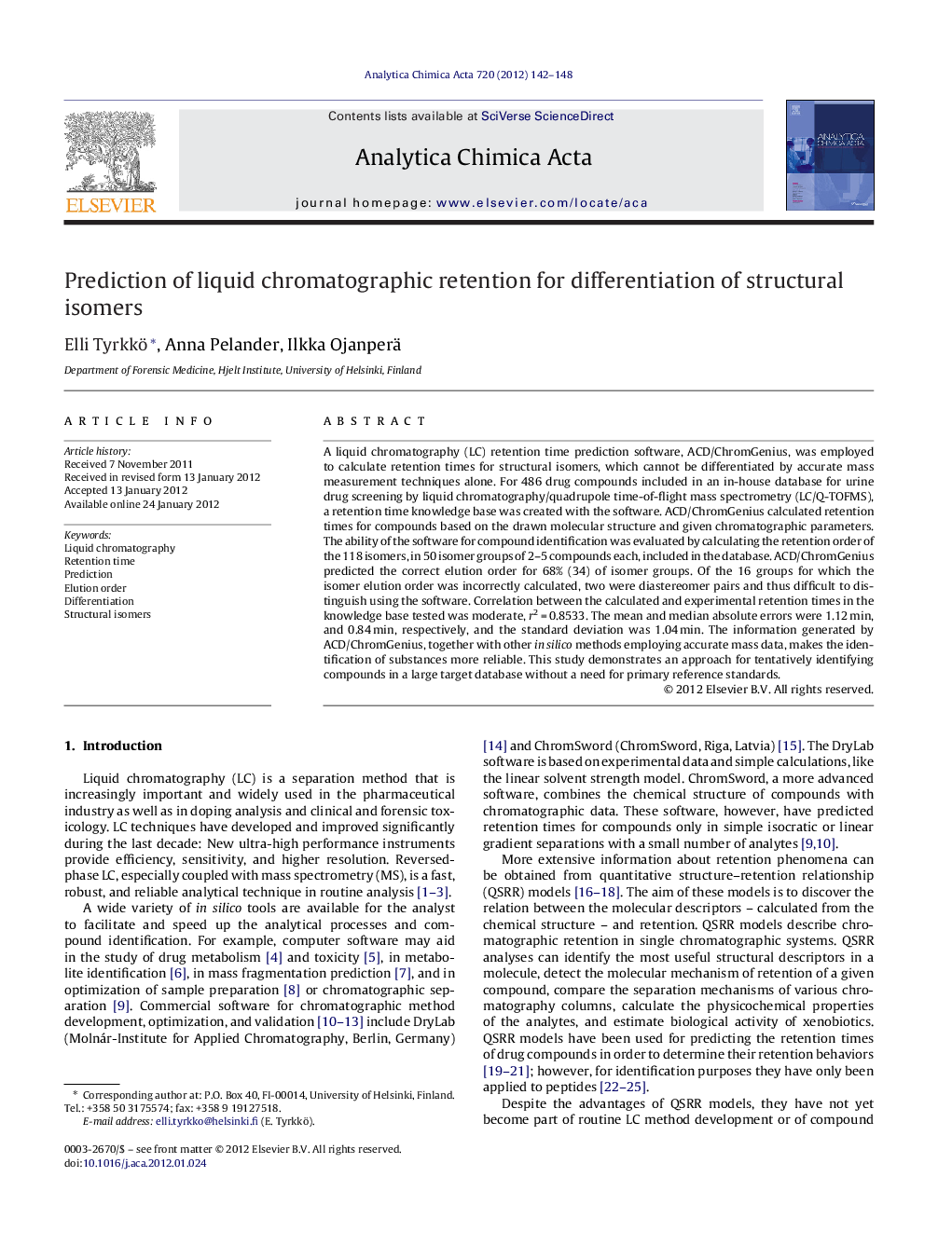 Prediction of liquid chromatographic retention for differentiation of structural isomers