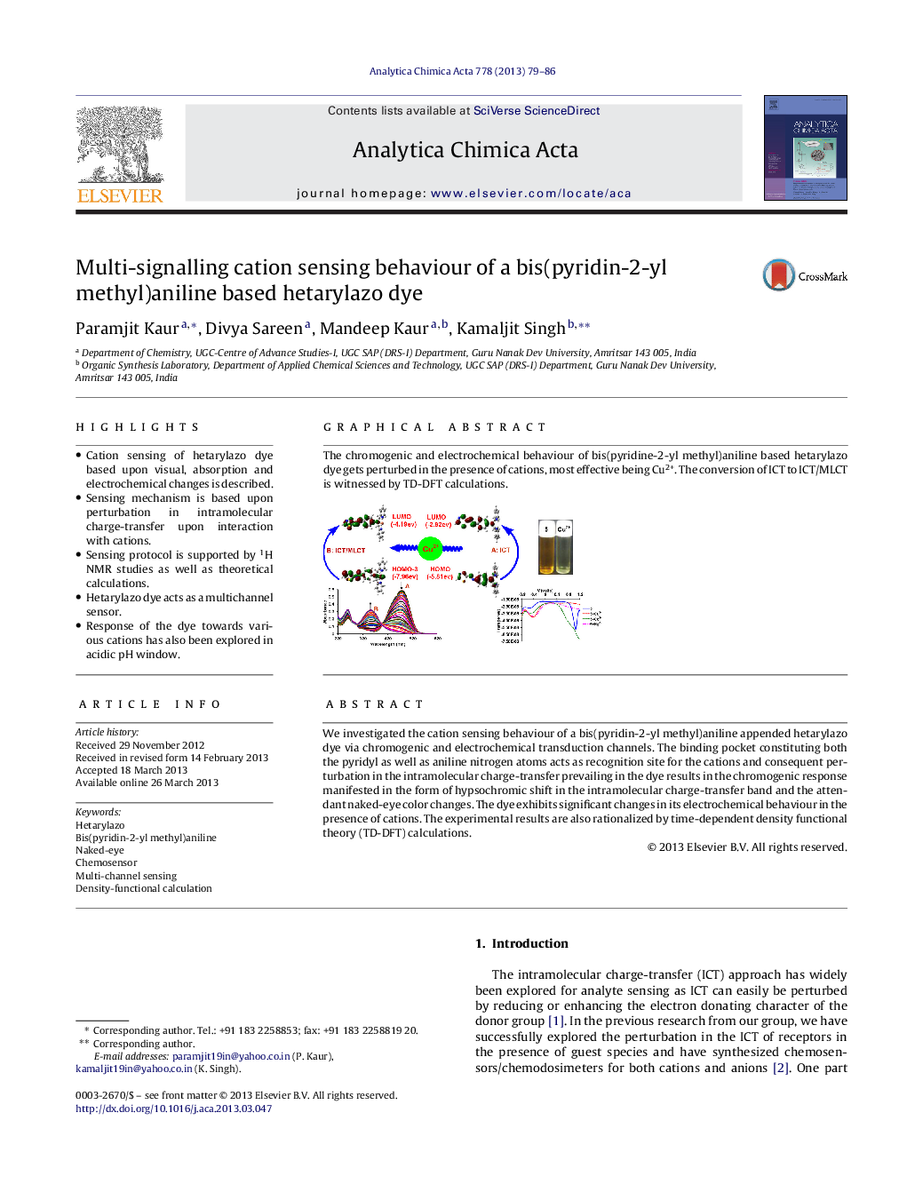 Multi-signalling cation sensing behaviour of a bis(pyridin-2-yl methyl)aniline based hetarylazo dye