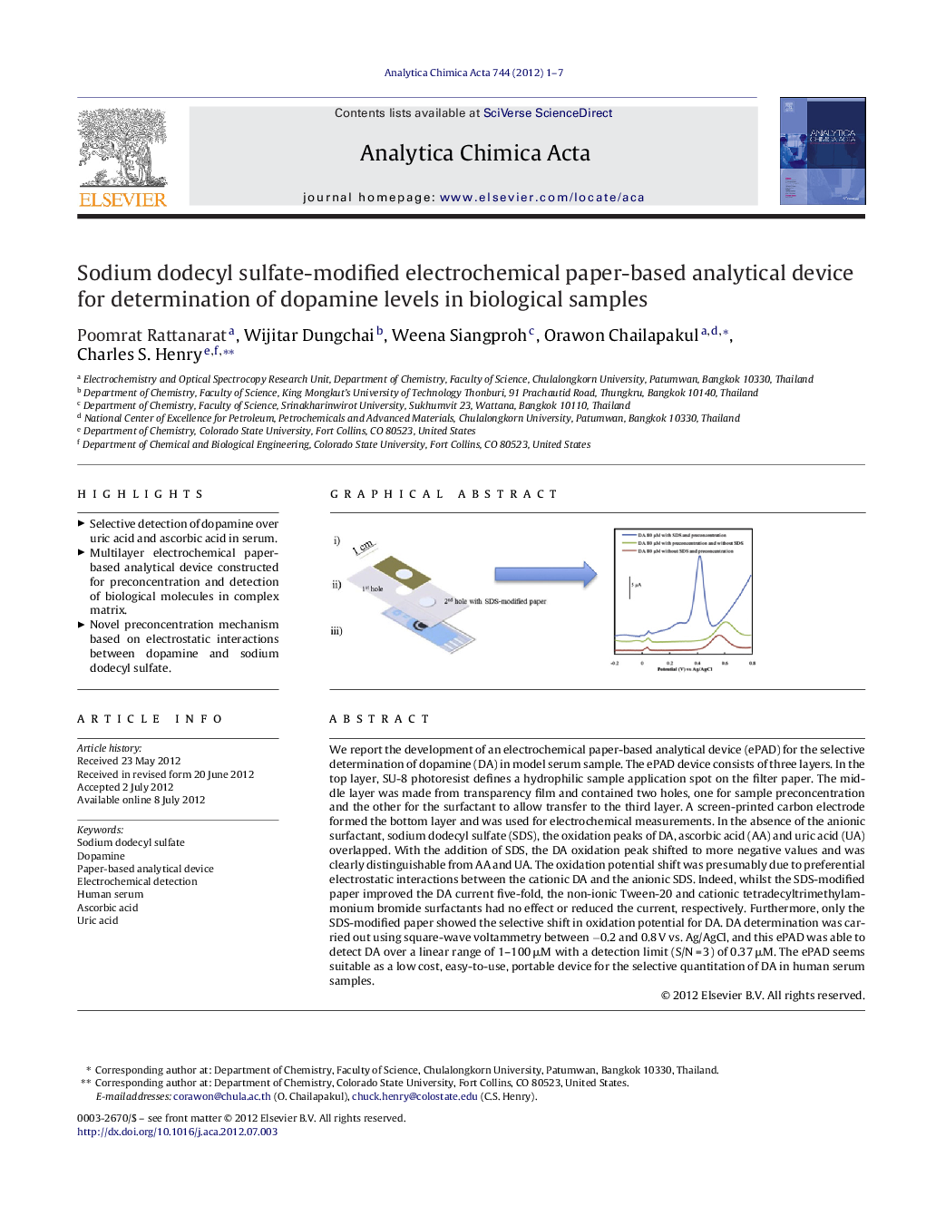 Sodium dodecyl sulfate-modified electrochemical paper-based analytical device for determination of dopamine levels in biological samples