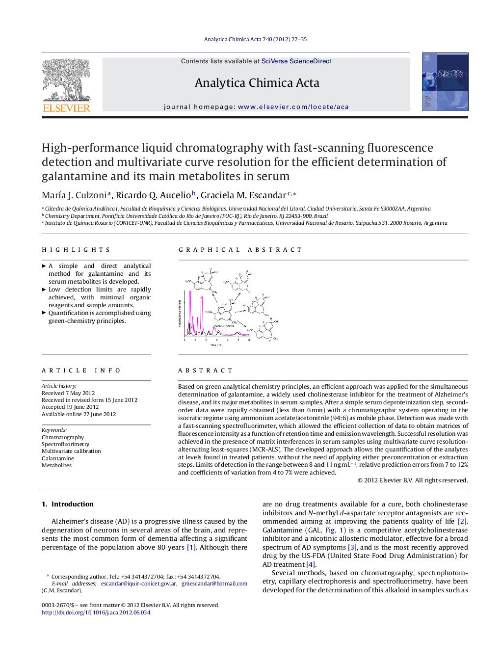 High-performance liquid chromatography with fast-scanning fluorescence detection and multivariate curve resolution for the efficient determination of galantamine and its main metabolites in serum