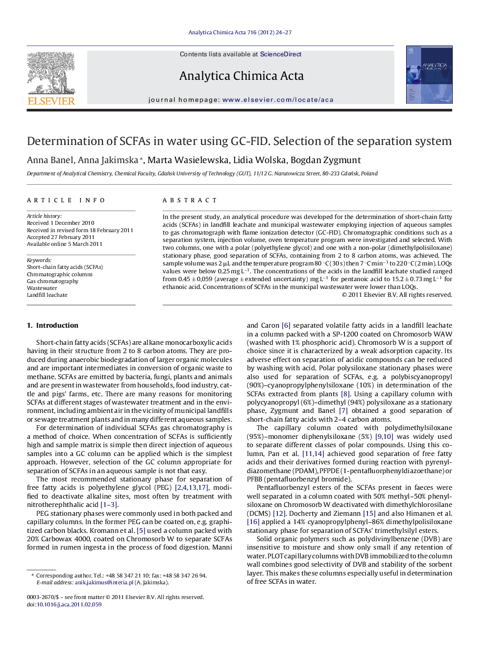 Determination of SCFAs in water using GC-FID. Selection of the separation system