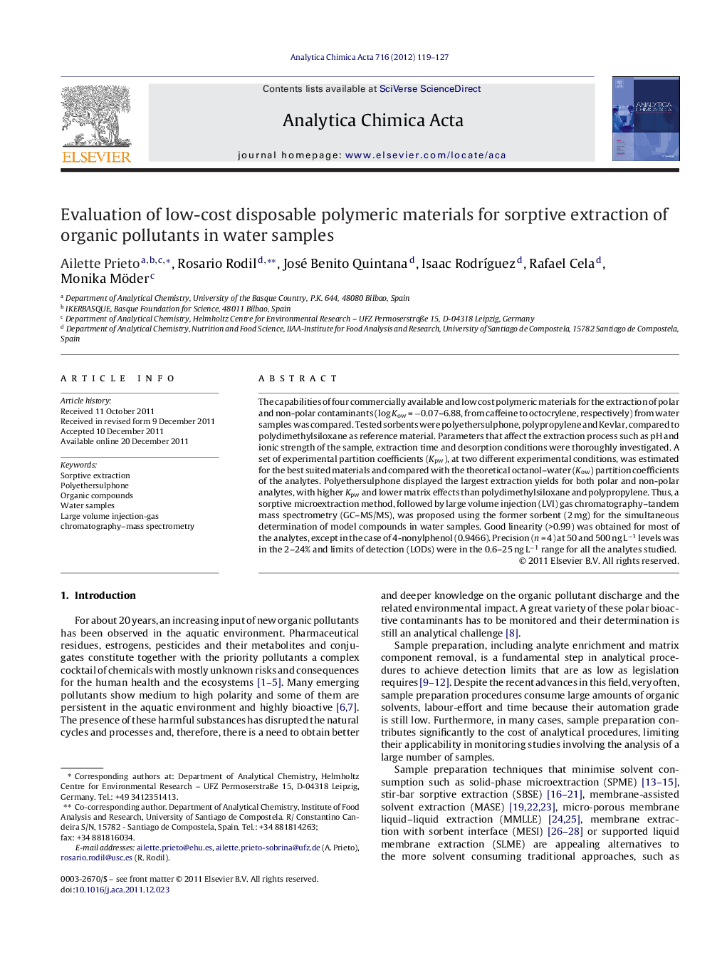 Evaluation of low-cost disposable polymeric materials for sorptive extraction of organic pollutants in water samples
