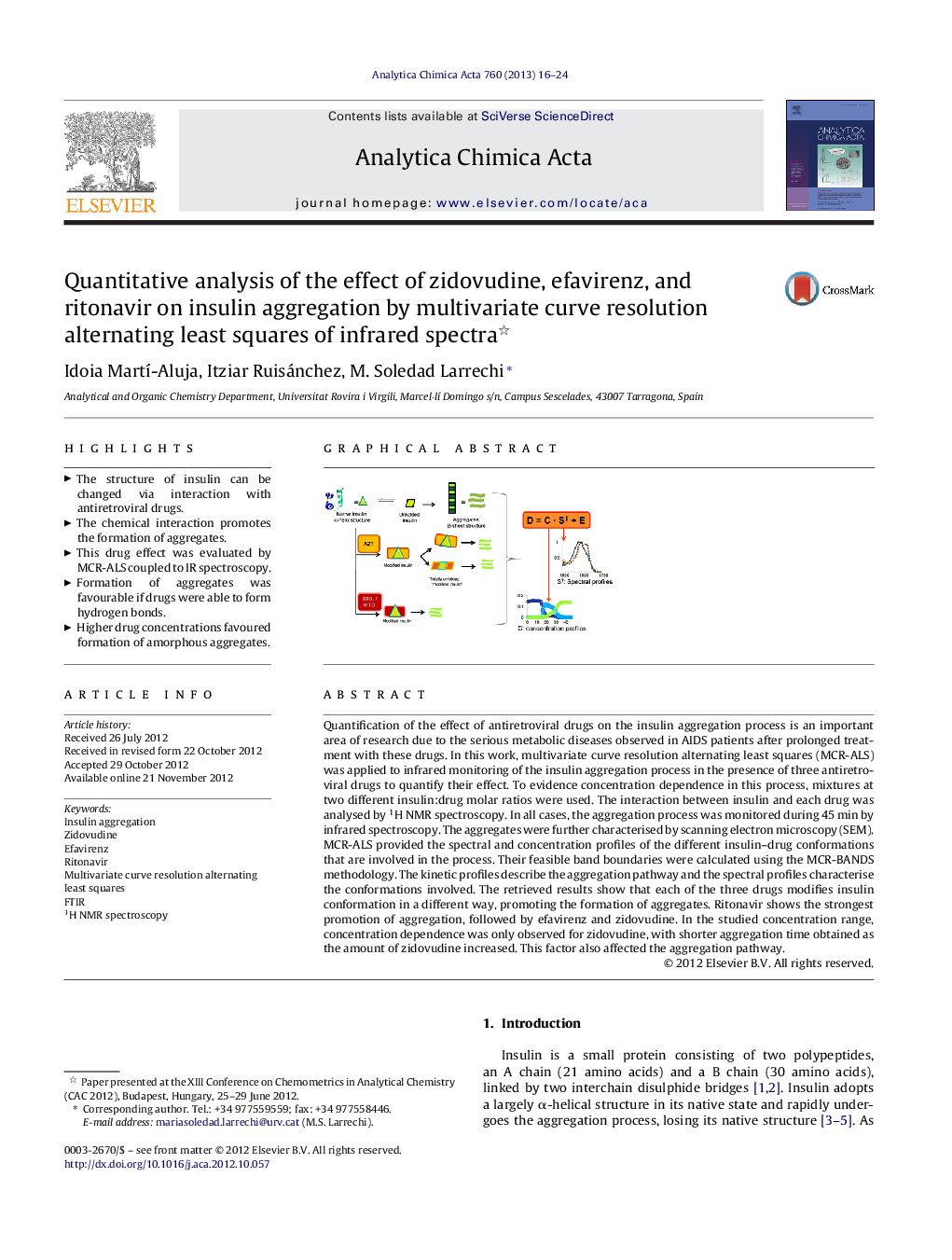 Quantitative analysis of the effect of zidovudine, efavirenz, and ritonavir on insulin aggregation by multivariate curve resolution alternating least squares of infrared spectra 