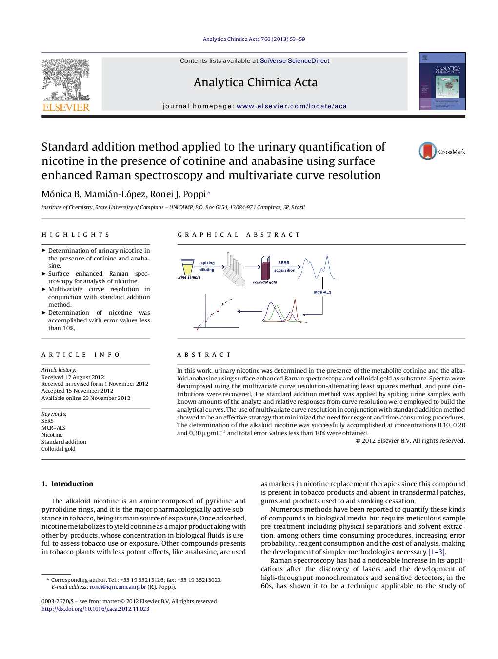 Standard addition method applied to the urinary quantification of nicotine in the presence of cotinine and anabasine using surface enhanced Raman spectroscopy and multivariate curve resolution