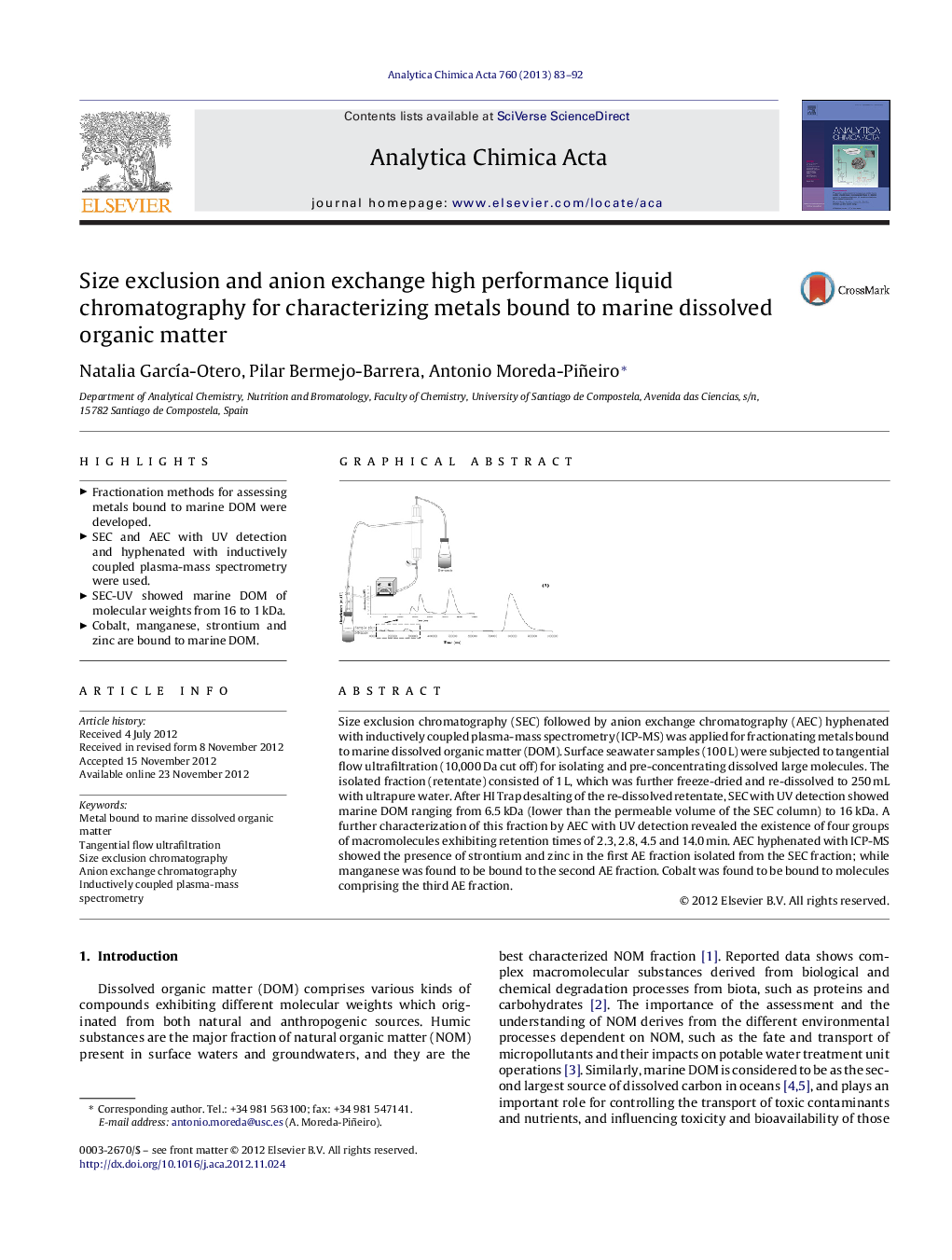 Size exclusion and anion exchange high performance liquid chromatography for characterizing metals bound to marine dissolved organic matter