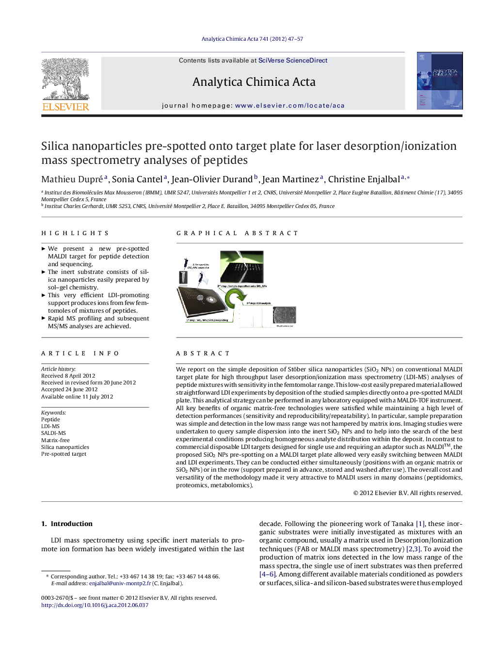 Silica nanoparticles pre-spotted onto target plate for laser desorption/ionization mass spectrometry analyses of peptides