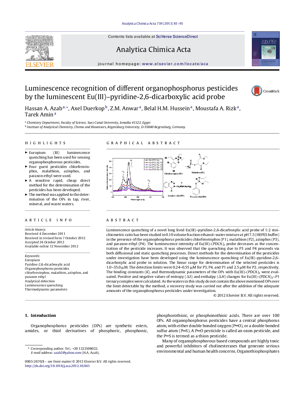 Luminescence recognition of different organophosphorus pesticides by the luminescent Eu(III)–pyridine-2,6-dicarboxylic acid probe