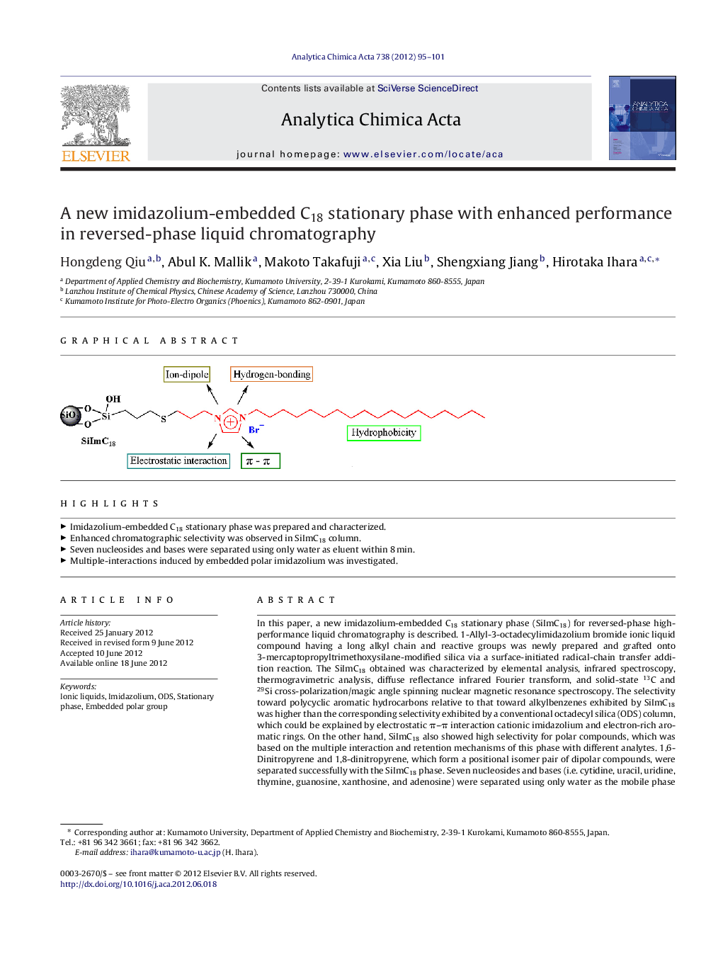A new imidazolium-embedded C18 stationary phase with enhanced performance in reversed-phase liquid chromatography