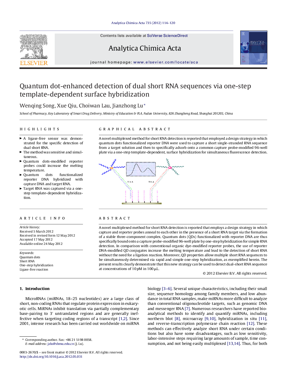عکس صفحه اول مقاله: Quantum dot-enhanced detection of dual short RNA sequences via one-step template-dependent surface hybridization Quantum dot-enhanced detection of dual short RNA sequences via one-step template-dependent surface hybridization