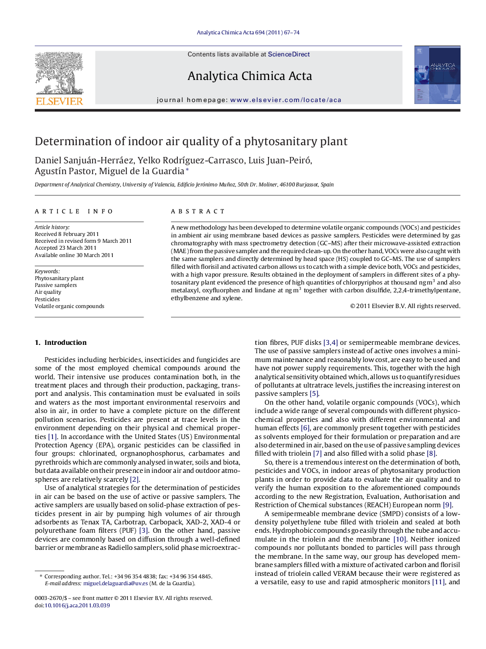 Determination of indoor air quality of a phytosanitary plant