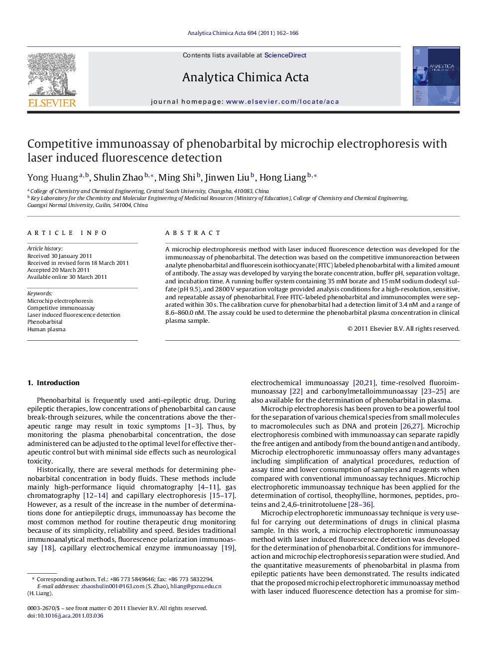 Competitive immunoassay of phenobarbital by microchip electrophoresis with laser induced fluorescence detection