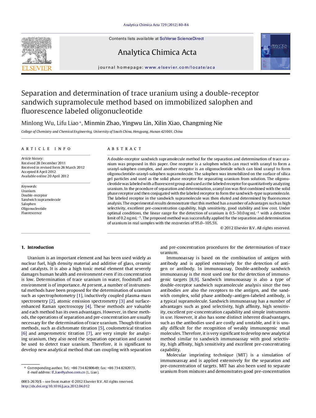 Separation and determination of trace uranium using a double-receptor sandwich supramolecule method based on immobilized salophen and fluorescence labeled oligonucleotide