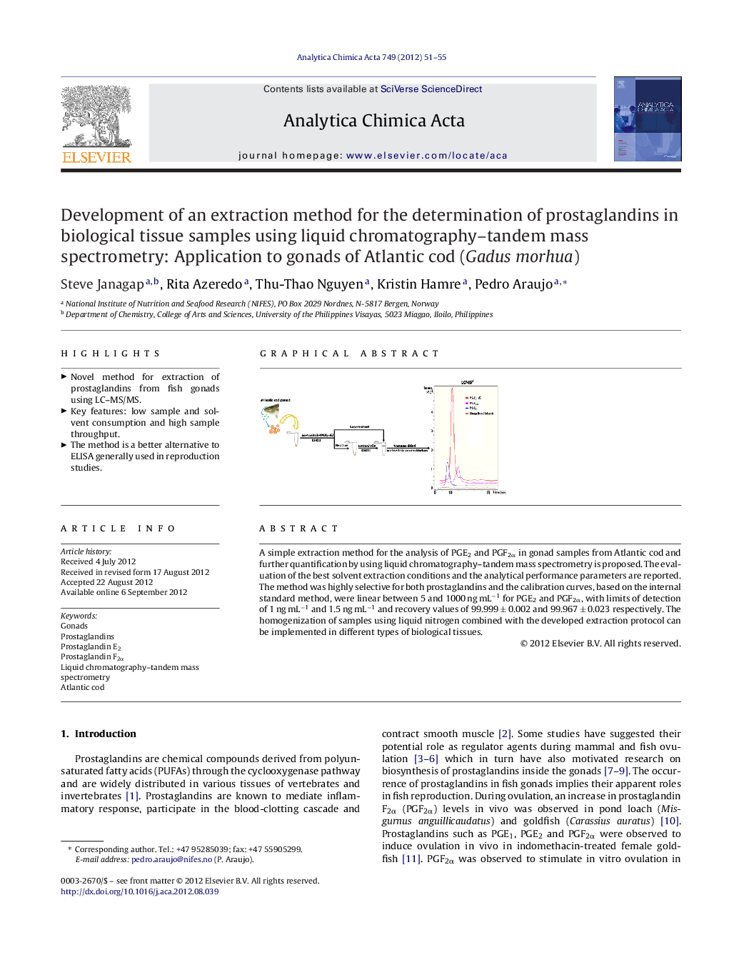 Development of an extraction method for the determination of prostaglandins in biological tissue samples using liquid chromatography–tandem mass spectrometry: Application to gonads of Atlantic cod (Gadus morhua)