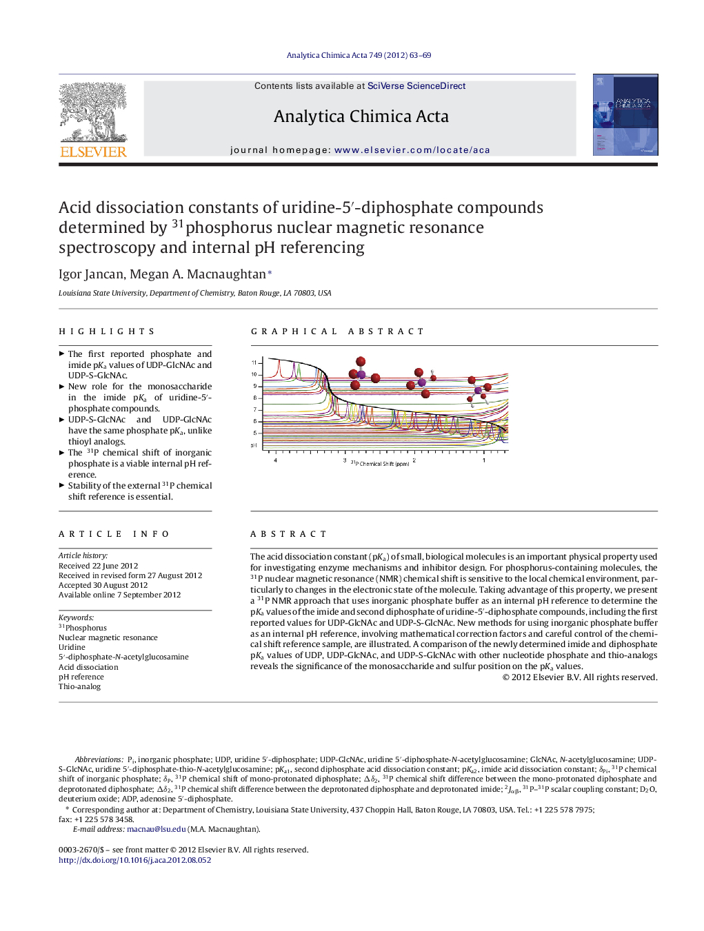 Acid dissociation constants of uridine-5′-diphosphate compounds determined by 31phosphorus nuclear magnetic resonance spectroscopy and internal pH referencing