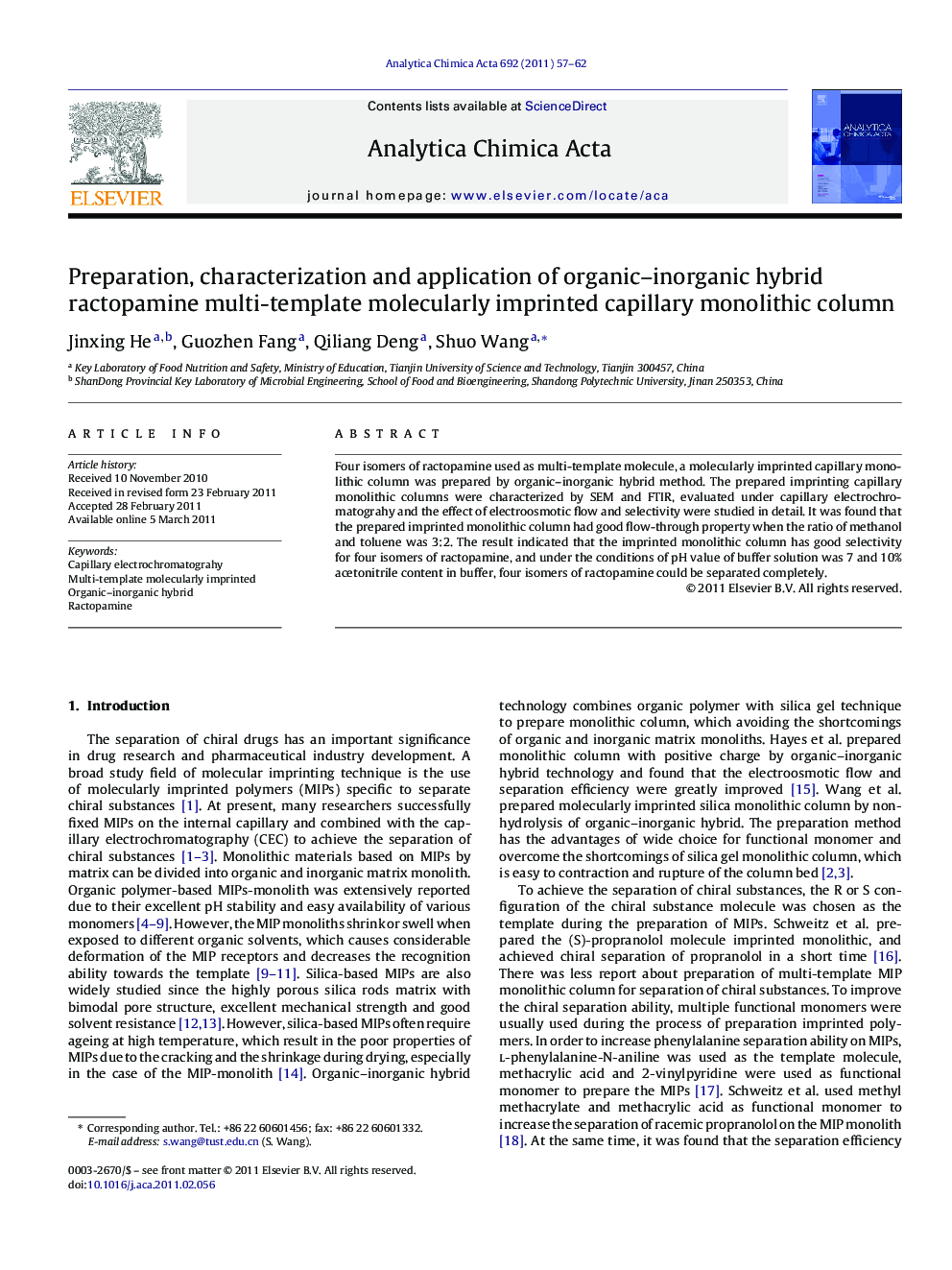 Preparation, characterization and application of organic–inorganic hybrid ractopamine multi-template molecularly imprinted capillary monolithic column