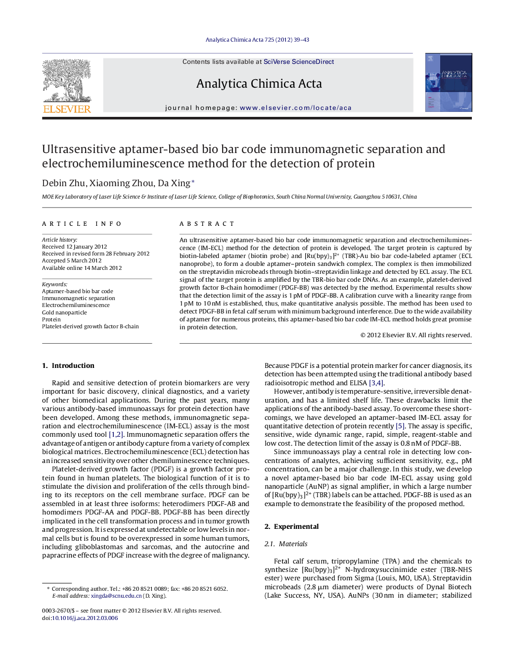 Ultrasensitive aptamer-based bio bar code immunomagnetic separation and electrochemiluminescence method for the detection of protein